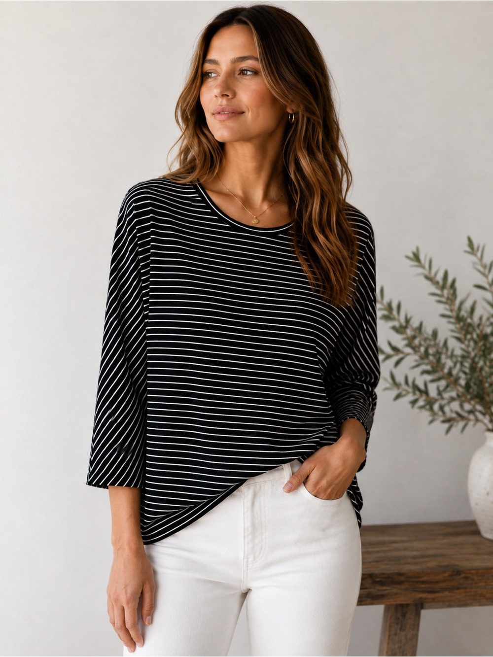 Vince Black and White Striped Long Sleeve Tee